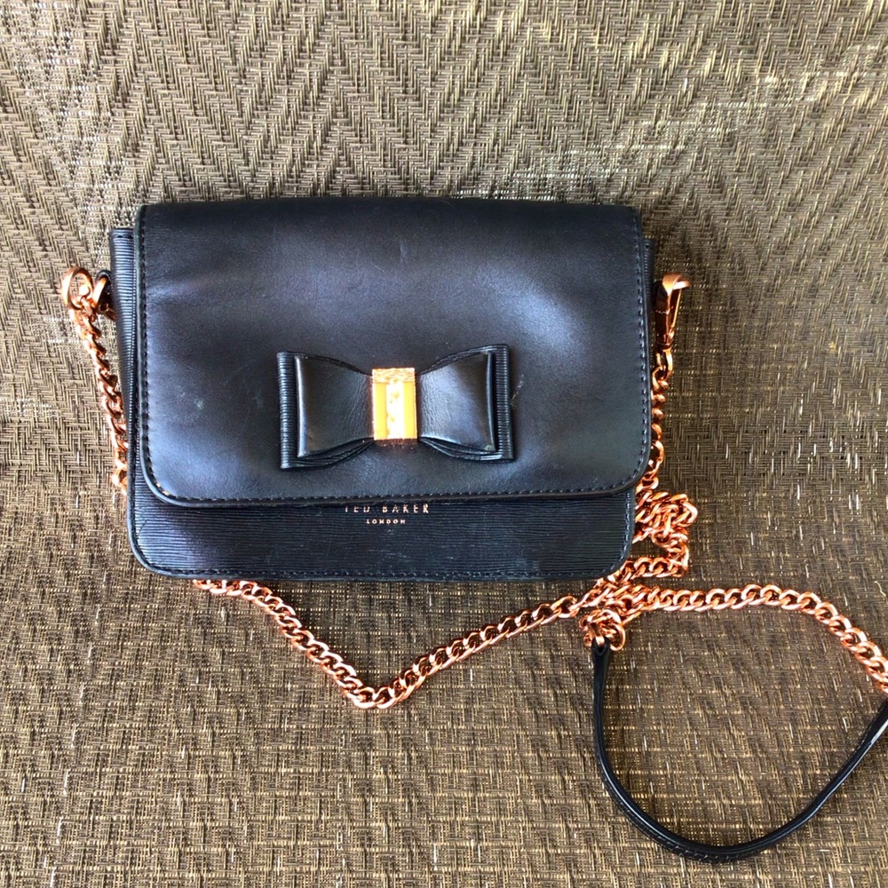 Ted Baker Black Leather Rose Gold Chain Crossbody Bag